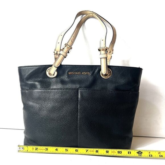 MICHAEL KORS Shoulder Bag Black Pebbled Leather NB-1504 Medium Tote Gold Tone - Picture 3 of 12